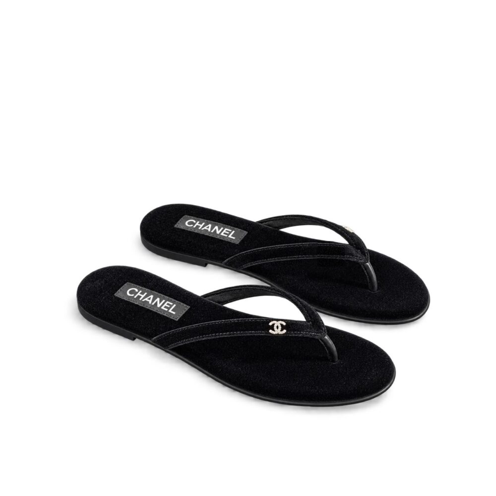 Chanel Thongs Slipper Velvet In Black G45716 B16716 94305