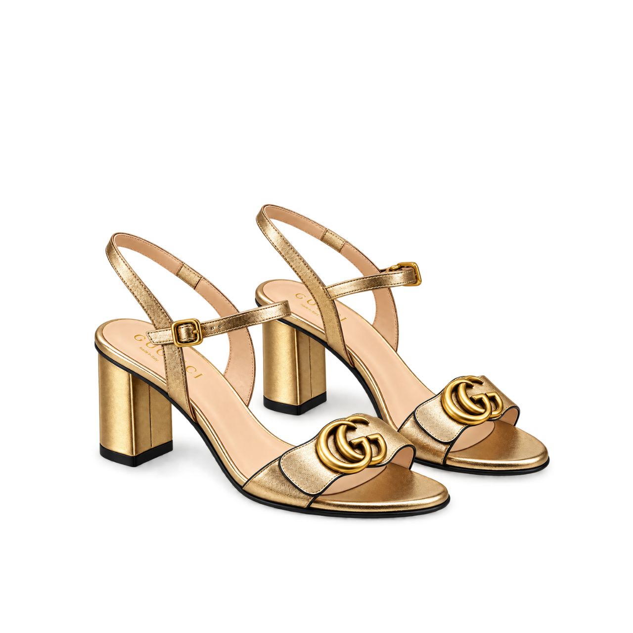 Gucci Gold Metallic Laminate Leather Mid Heel Sandal 453379