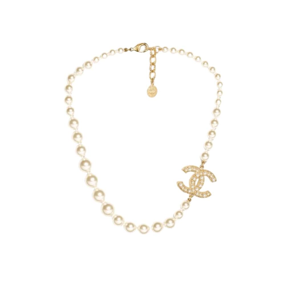 Chanel Metallic Silver Tone Coco Faux Pearl CC Necklace