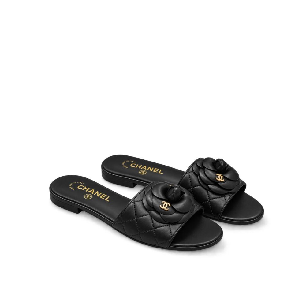 Chanel Camellia Leather Slides Black