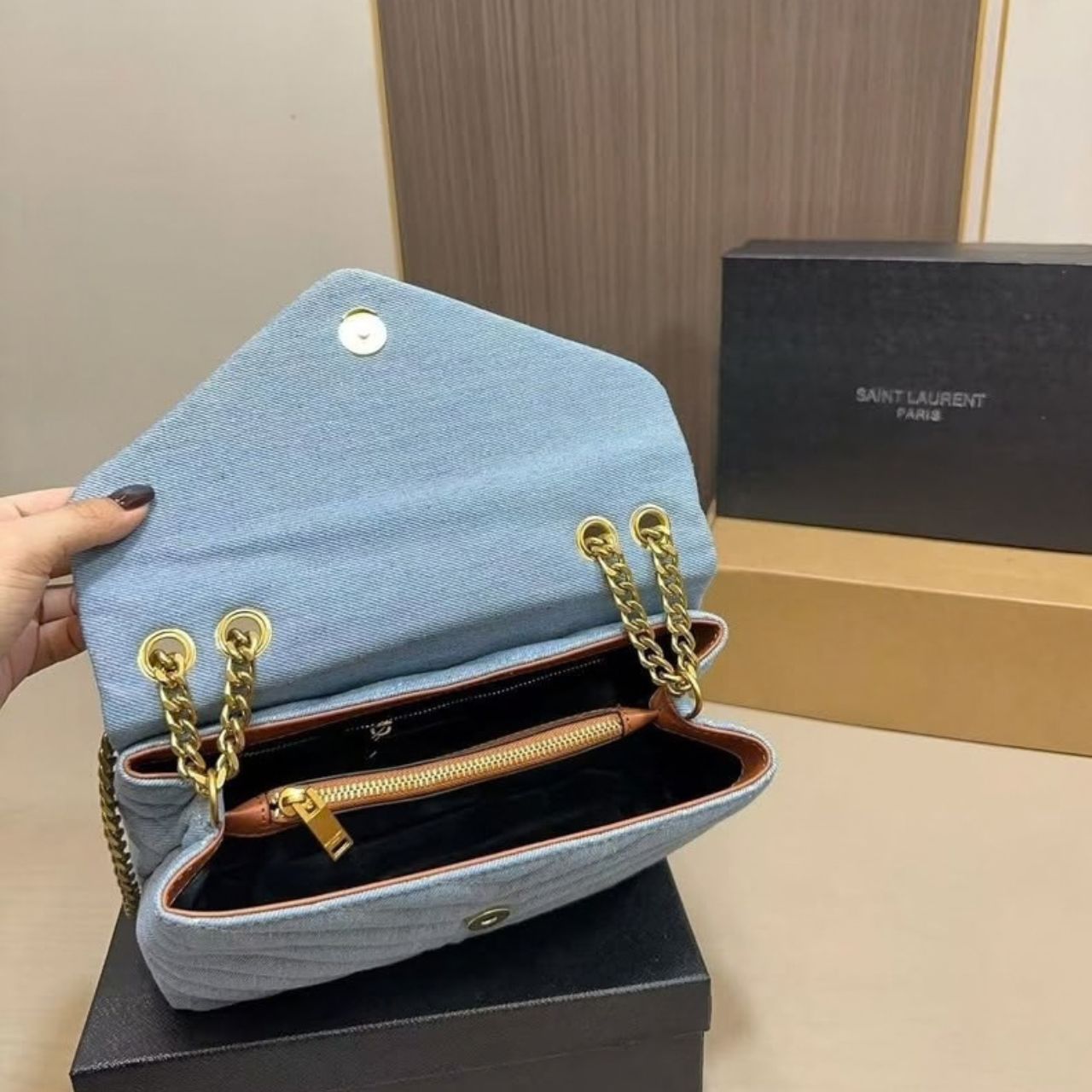 Saint Laurent Loulou Small Chain Bag In Quilted Y Denim Blue 25Cm - Image 6