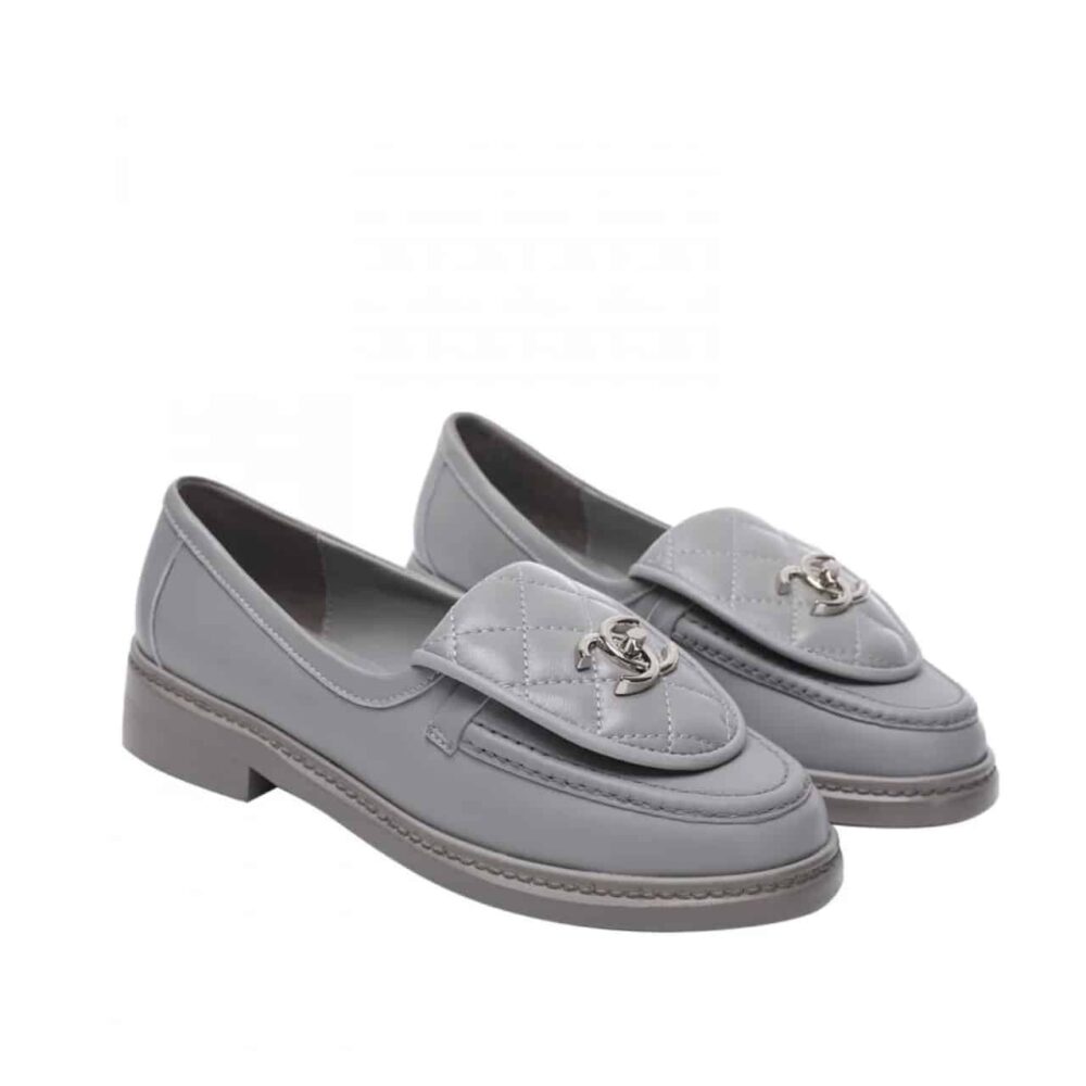 Chanel CC Nib Turnlock Moccasins Flat Loafers Grey