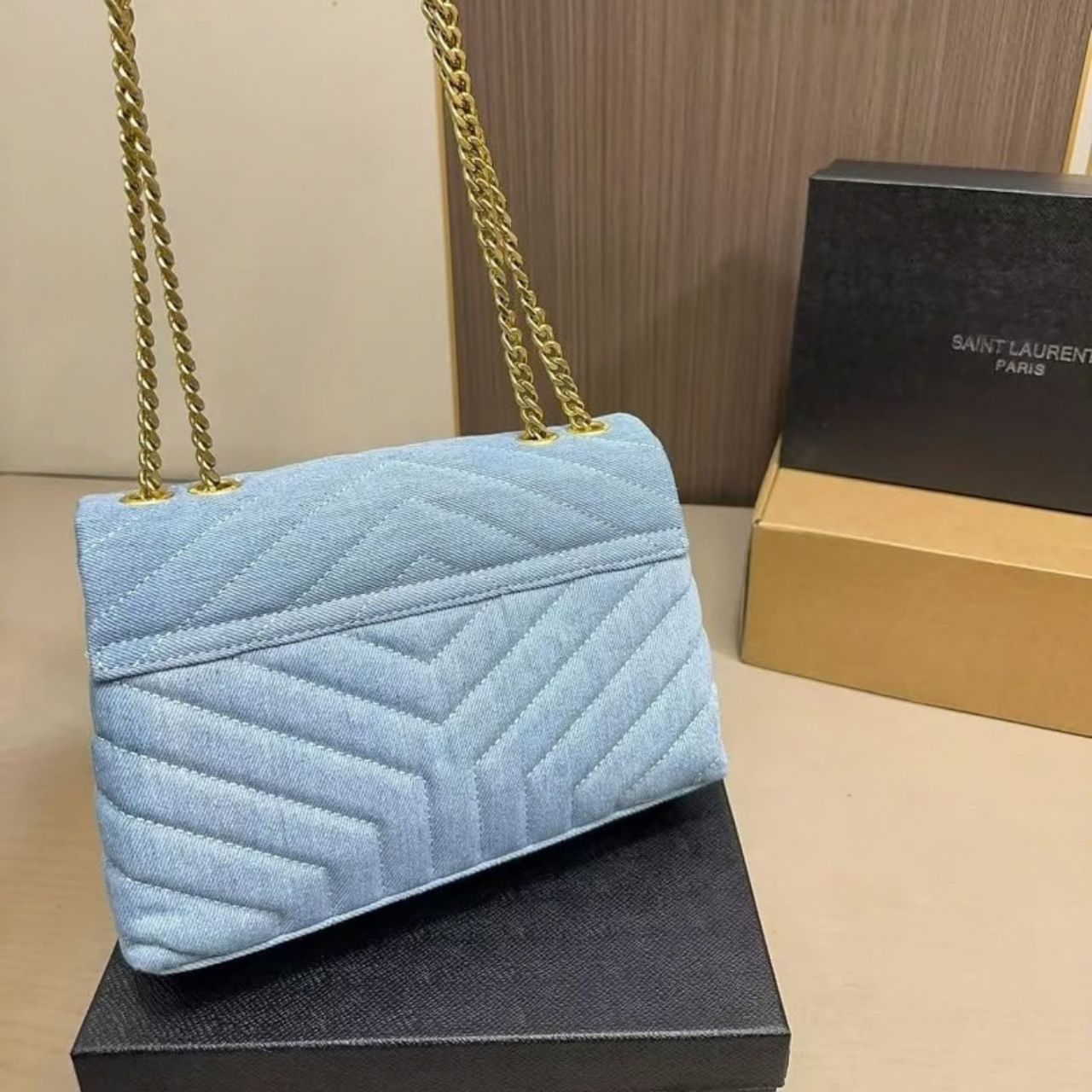 Saint Laurent Loulou Small Chain Bag In Quilted Y Denim Blue 25Cm - Image 3