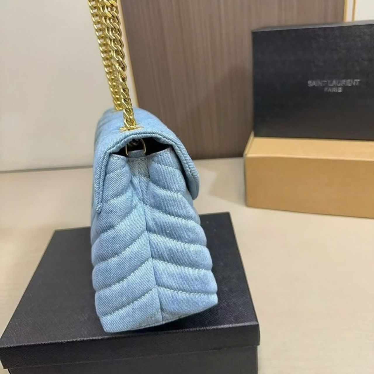 Saint Laurent Loulou Small Chain Bag In Quilted Y Denim Blue 25Cm - Image 4