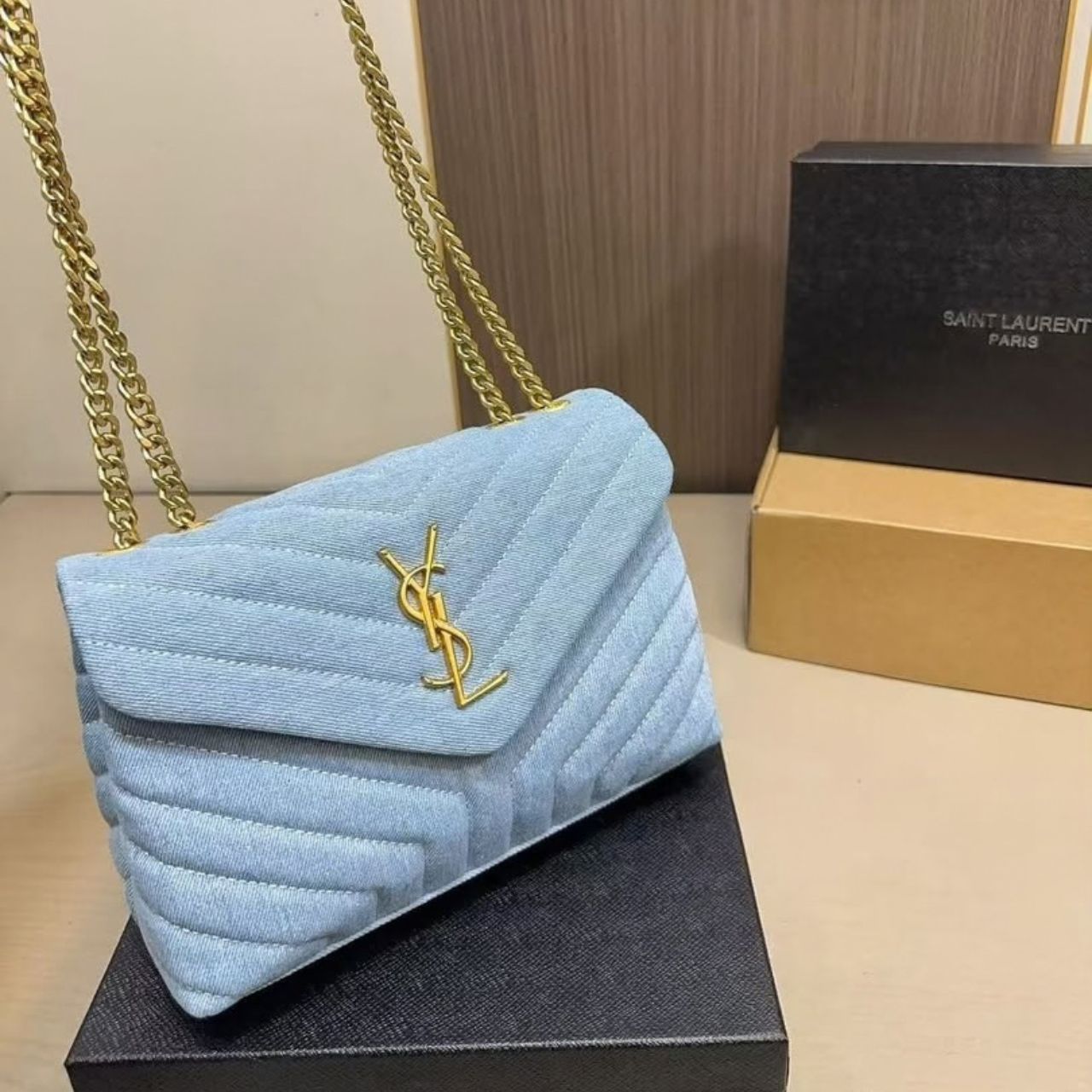 Saint Laurent Loulou Small Chain Bag In Quilted Y Denim Blue 25Cm - Image 2