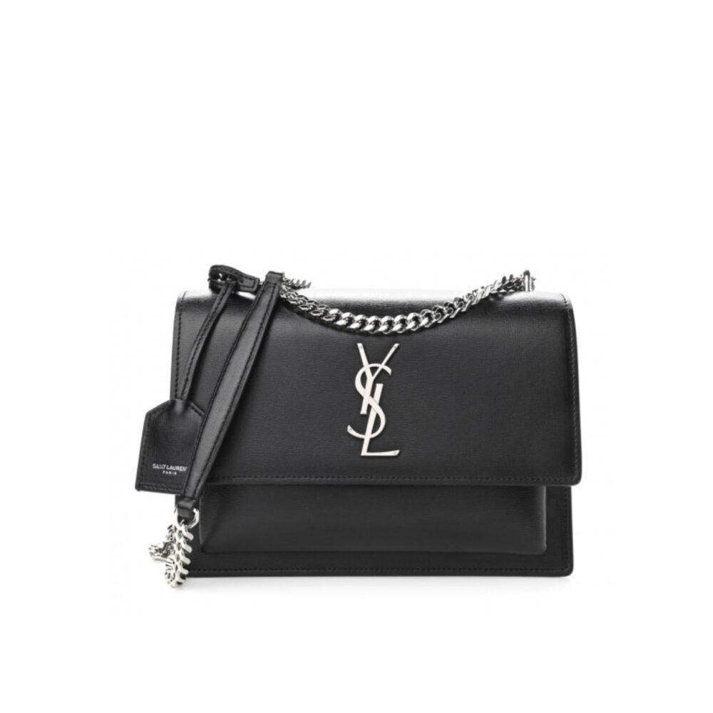 Saint Laurent Sunset Medium Chain Bag In Smooth Black With Silver Hardware 22Cm 442906D420N1000