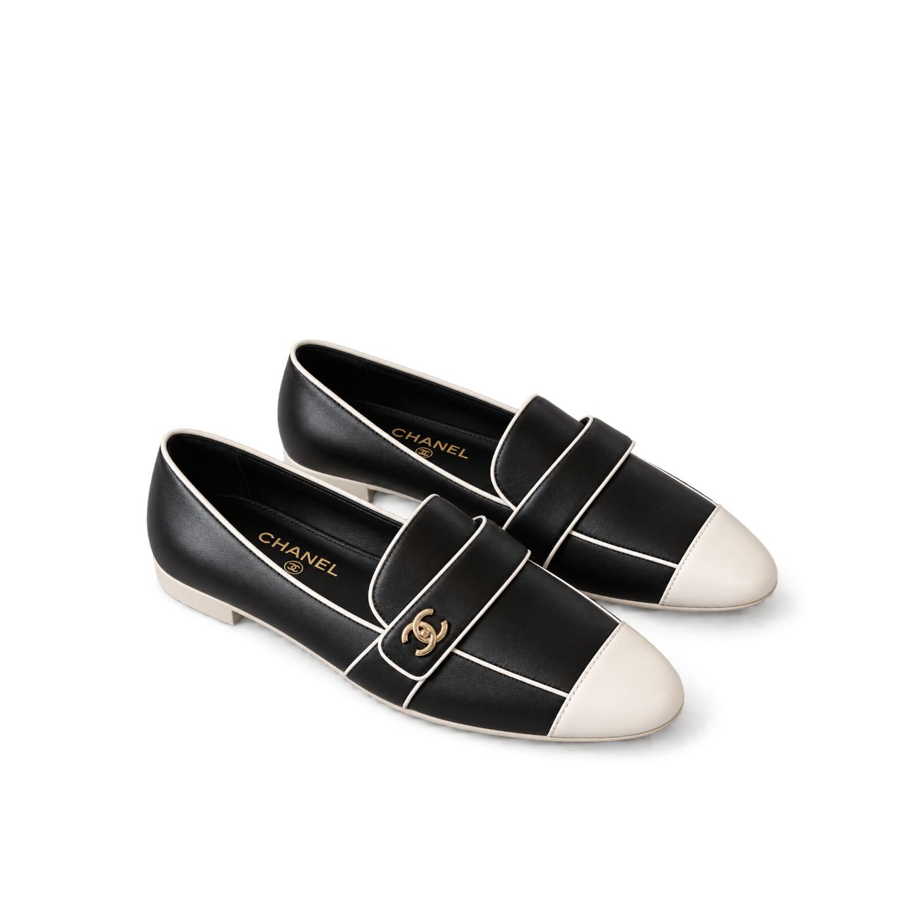 Chanel Leather CC Cap Toe Slip On Loafers Black
