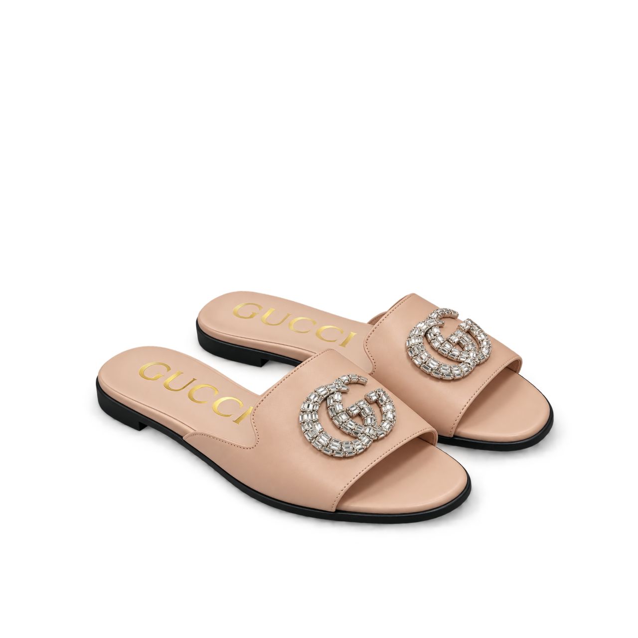 Gucci Double G Slippers Leather Beaded In Beige