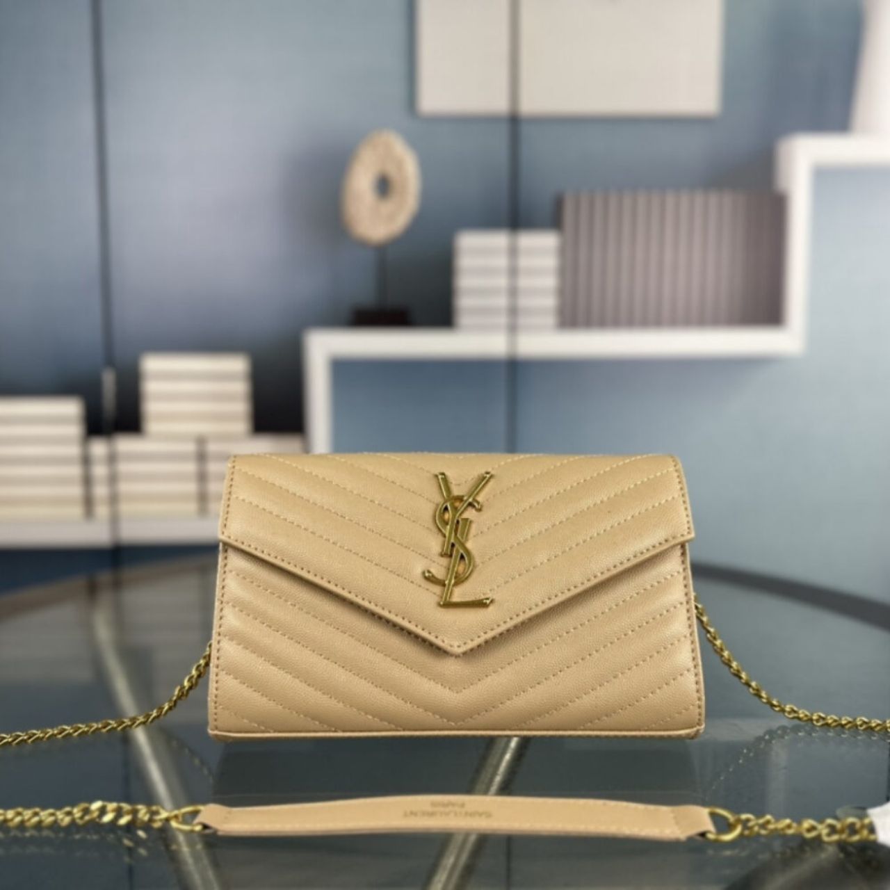 Saint Laurent Cassandre Matelasse Chain Wallet In Grain De Poudre Embossed Beige 22Cm 377828BOW012721 - Image 2