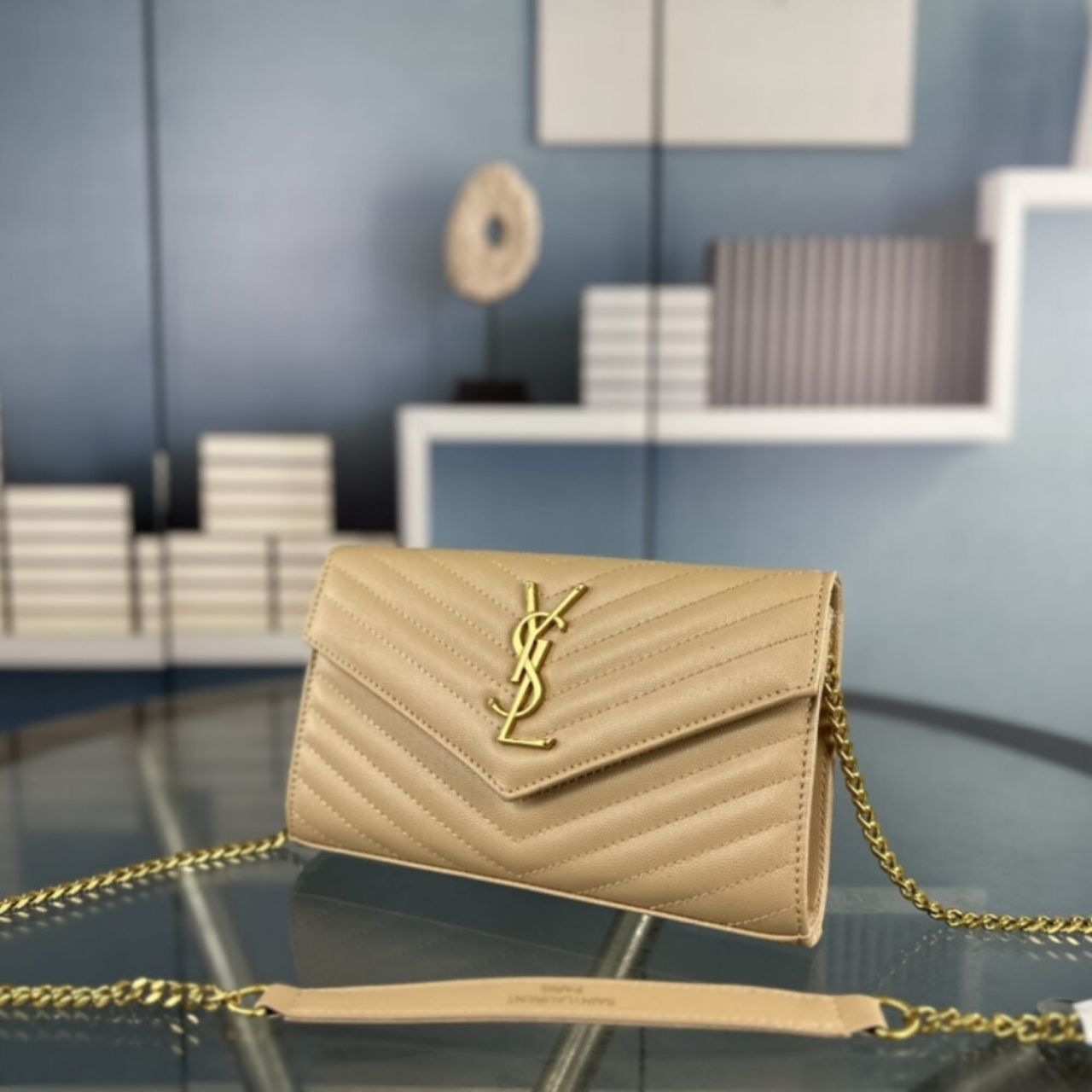 Saint Laurent Cassandre Matelasse Chain Wallet In Grain De Poudre Embossed Beige 22Cm 377828BOW012721 - Image 3