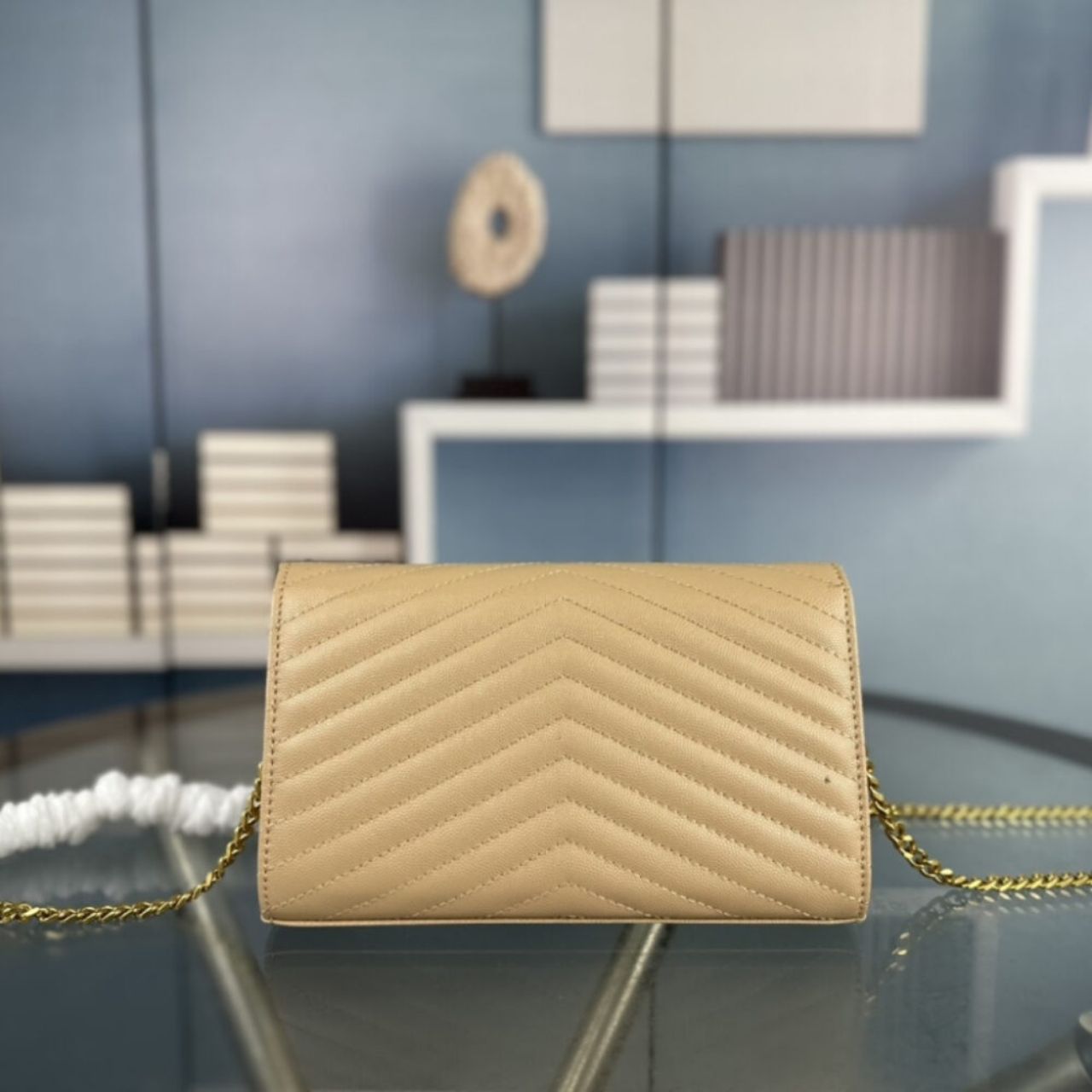 Saint Laurent Cassandre Matelasse Chain Wallet In Grain De Poudre Embossed Beige 22Cm 377828BOW012721 - Image 4