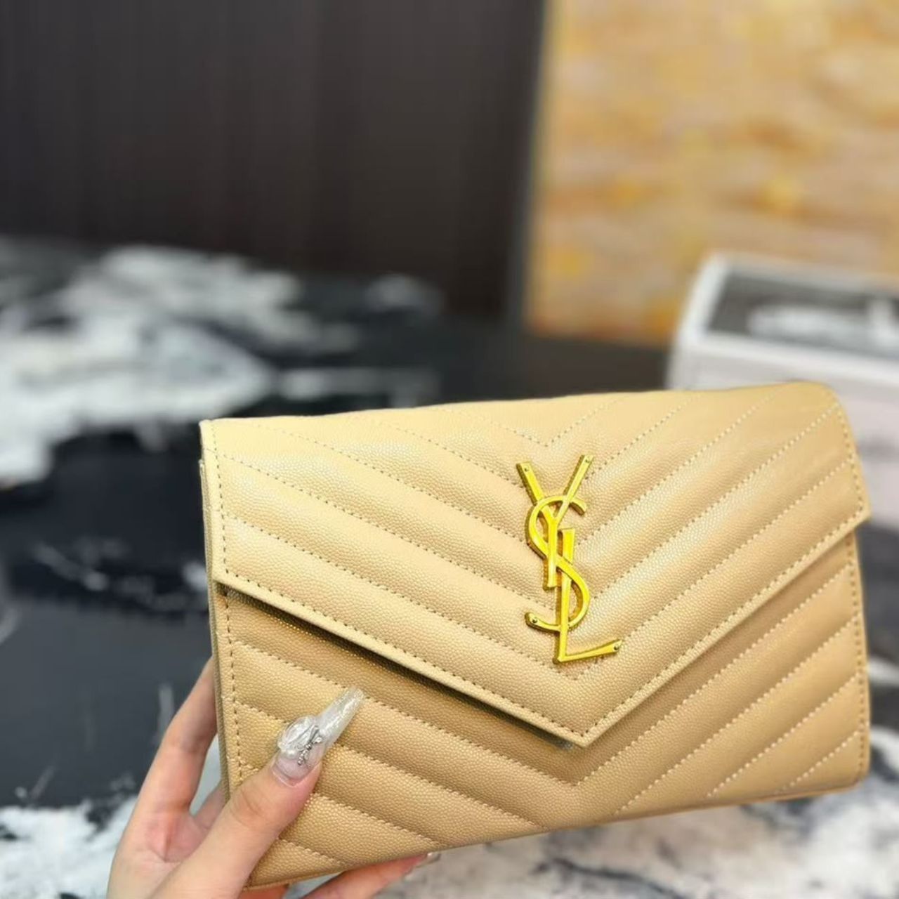 Saint Laurent Cassandre Matelasse Chain Wallet In Grain De Poudre Embossed Beige 22Cm 377828BOW012721 - Image 5