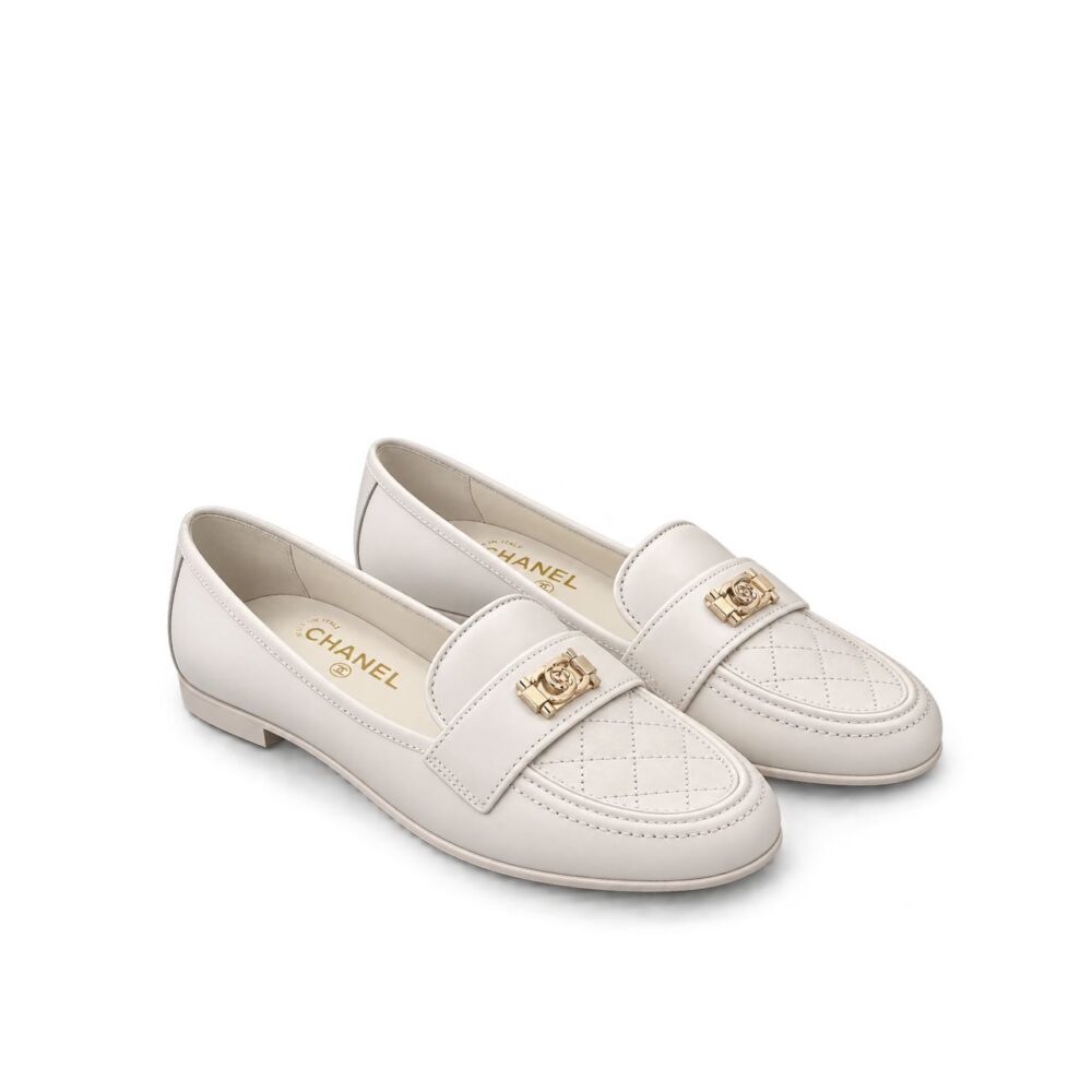 Chanel 20B Quilted Boy Lego Metal CC Logo Gold Mule Slip On Flat Loafers White