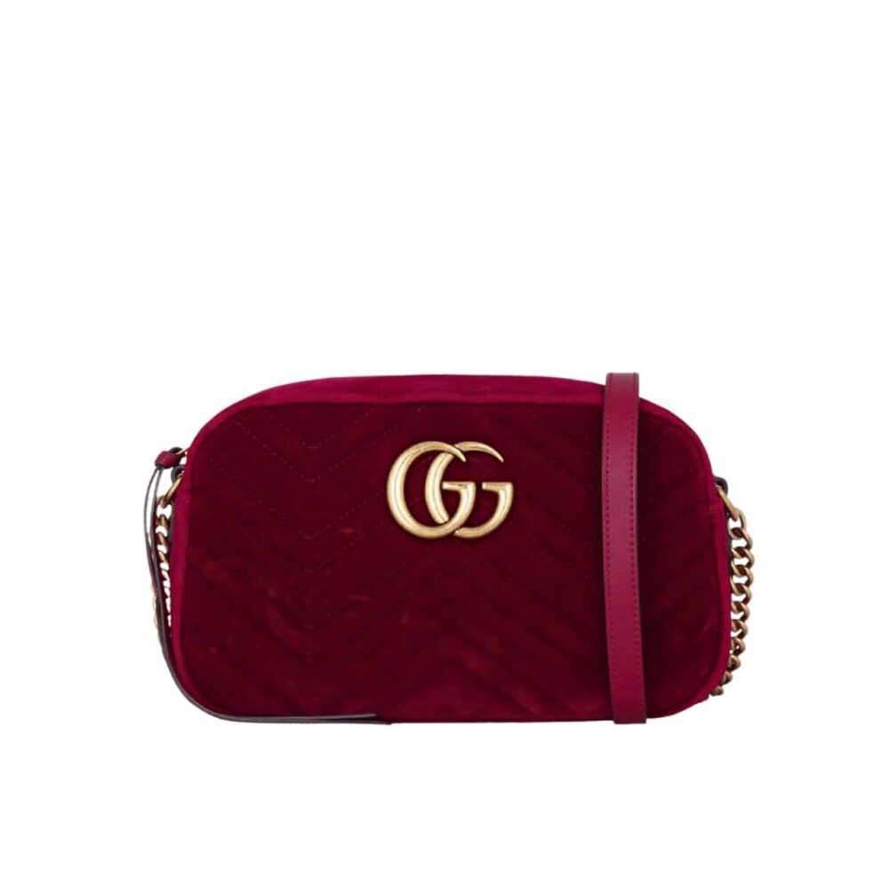 Gucci GG Marmont Small Camera Bag Velvet Wine Red 23Cm