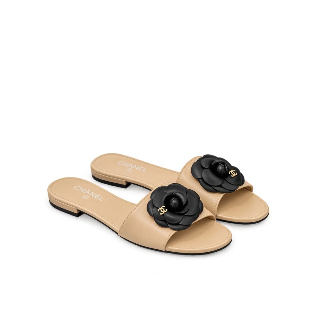 Chanel Black Camellia Slides Beige