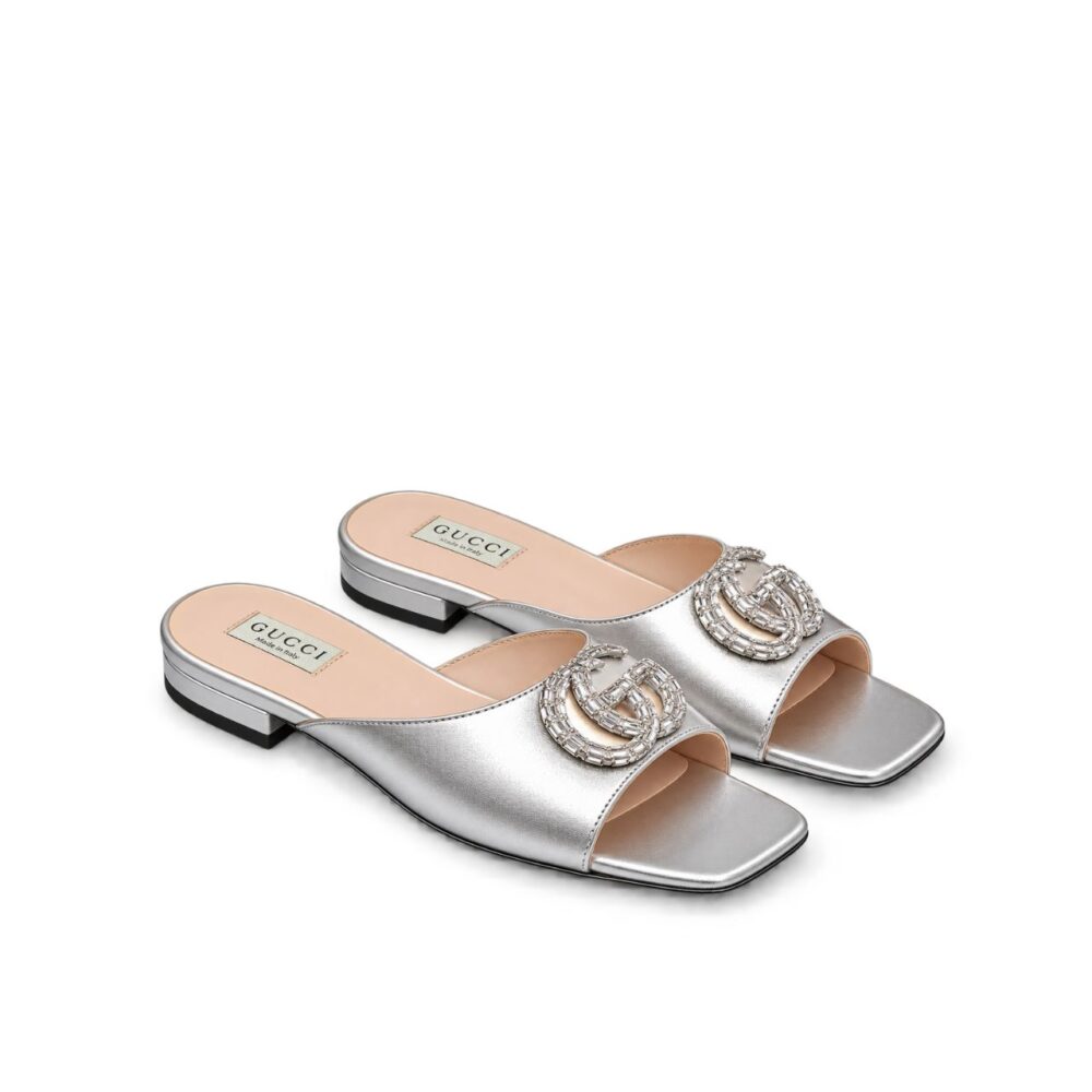Gucci GG Crystal Slippers Silver