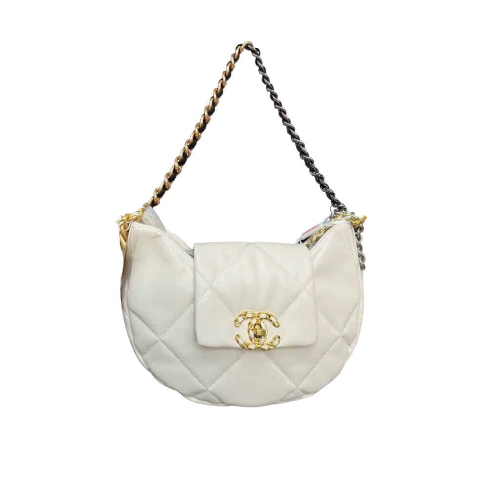 Chanel 19 Hobo Bag Mixed Metal Hardware White 28Cm