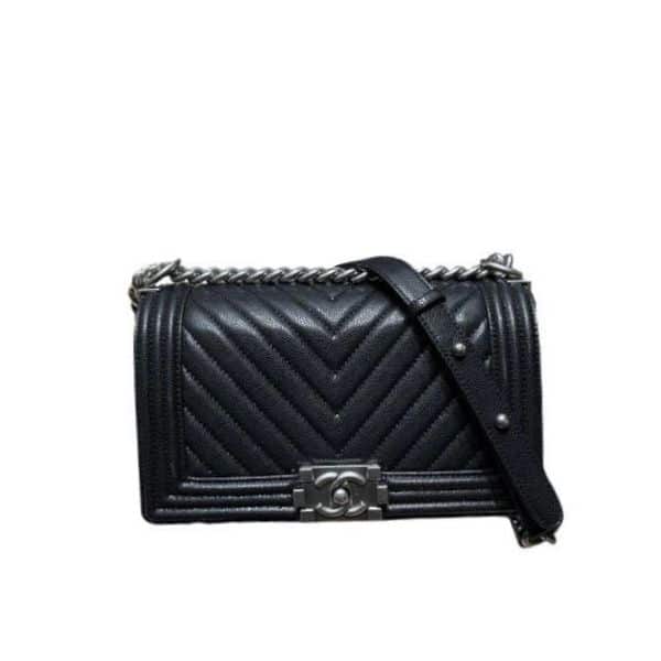 Chanel Boy Caviar Chevron Quilted Flap Bag Black 25Cm