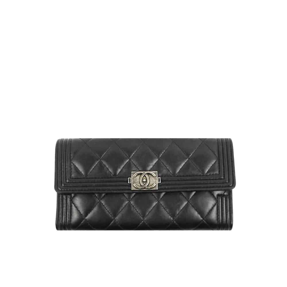 Chanel Boy Flap Long Wallet Ruthentium Hardware Black 19Cm