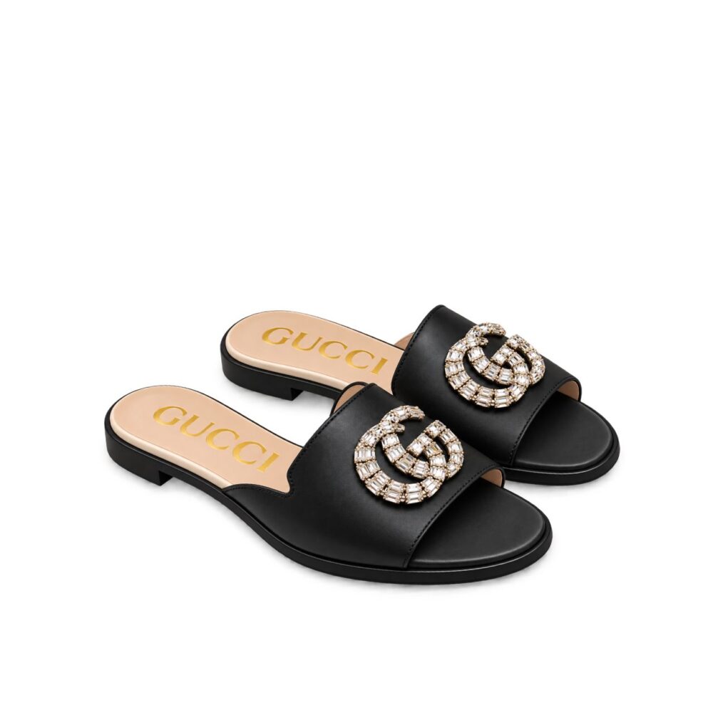 Gucci Double G Slippers Leather Beaded In Black