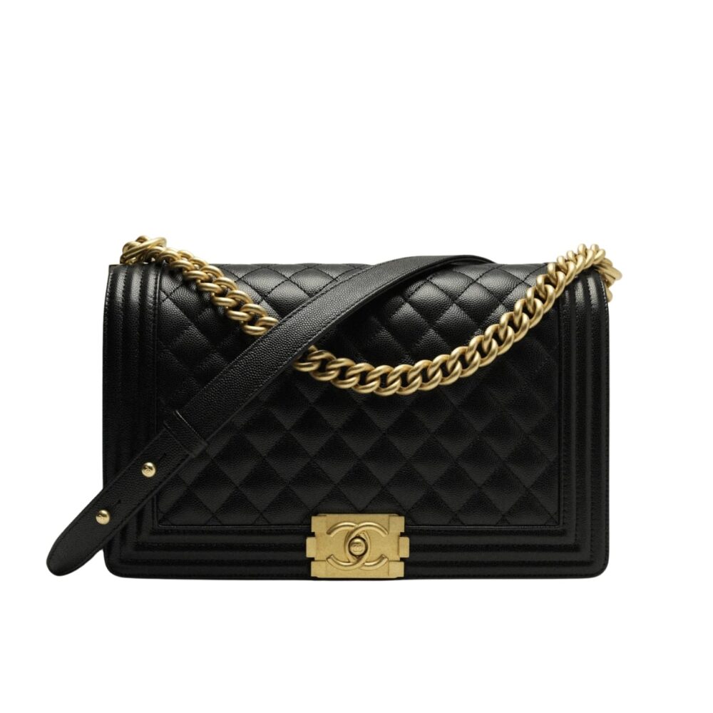 Chanel Boy Medium Handbag Grained And Gold Tone Metal Black 25Cm