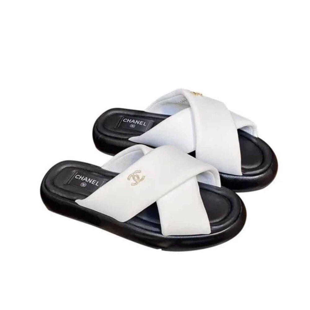 Chanel CC Logo Criss Cross Slides White