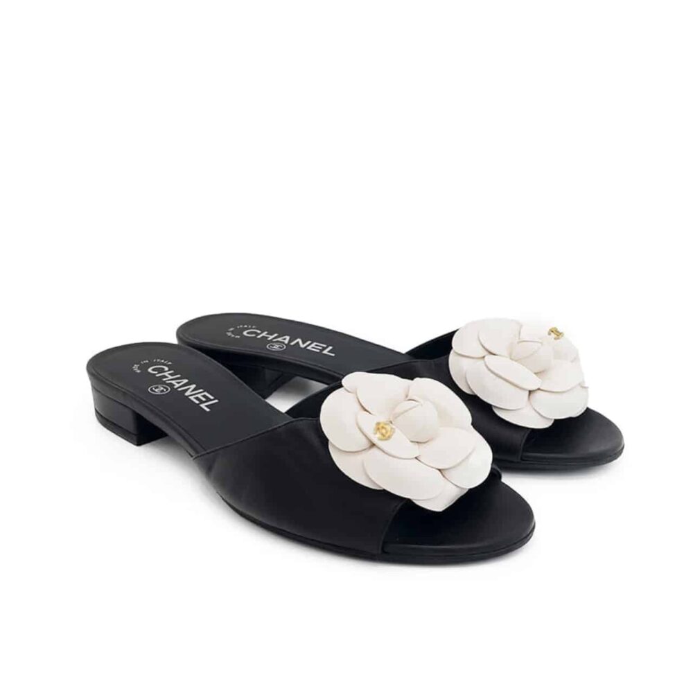 Chanel White Camellia Slides Black