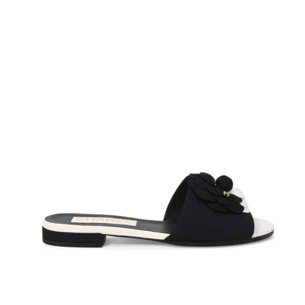 Chanel Camellia Slides Black White