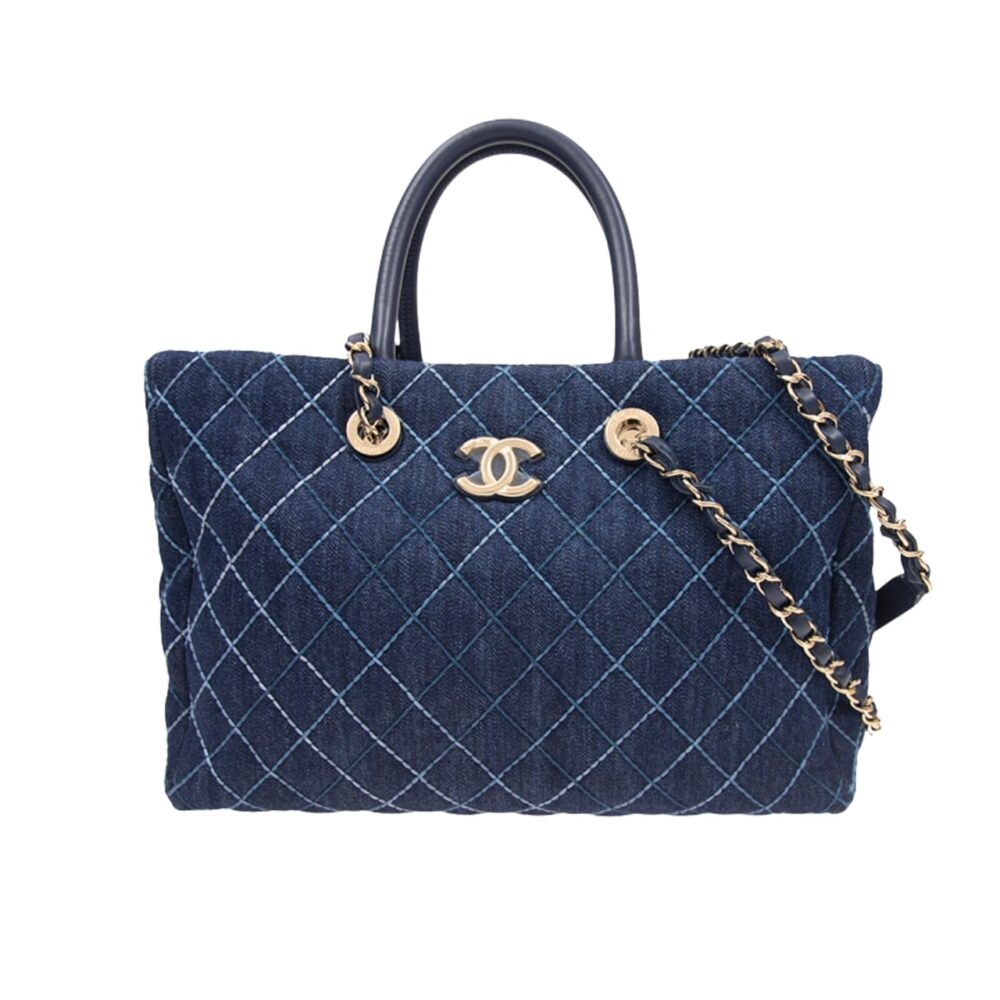 Chanel Quilted Large Coco Handle Shopping Tote Denim Blue 37Cm