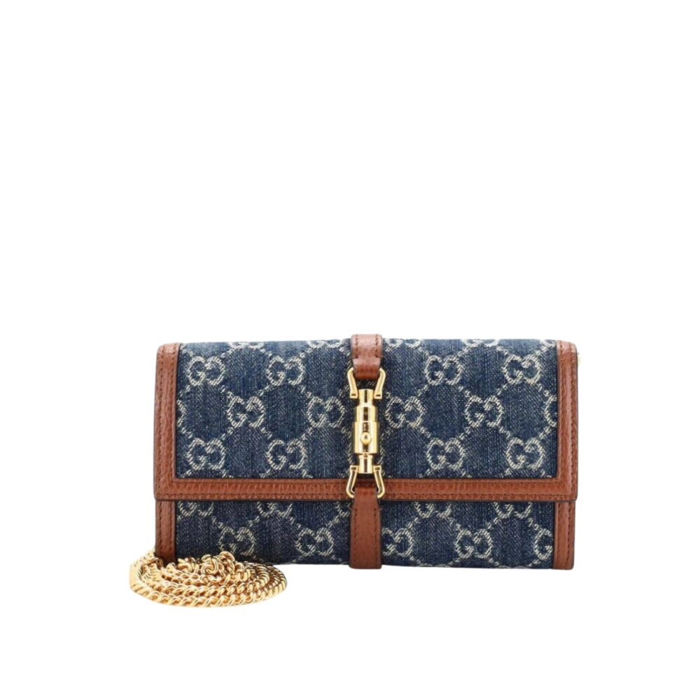 Gucci Jackie 1961 Continental Chain Wallet GG Denim Blue 19Cm