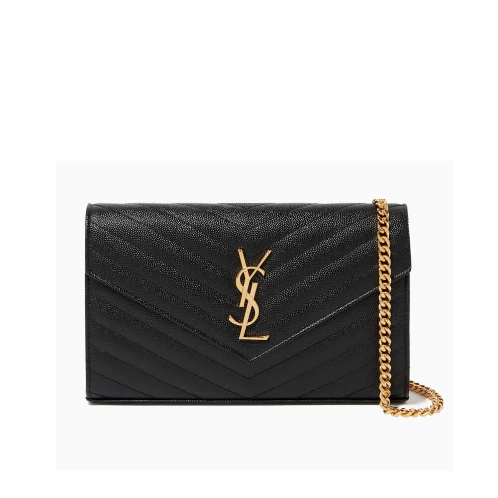 Saint Laurent Cassandre Matelassé Chain Wallet In Grain De Poudre Embossed Black Gold 22Cm 377828BOW011000