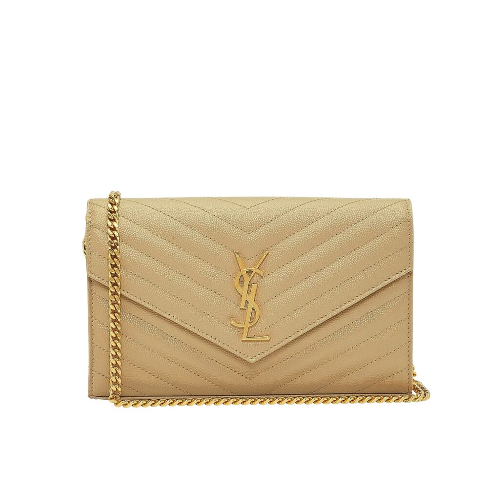 Saint Laurent Cassandre Matelassé Chain Wallet In Grain De Poudre Embossed Beige 22Cm 377828BOW012721