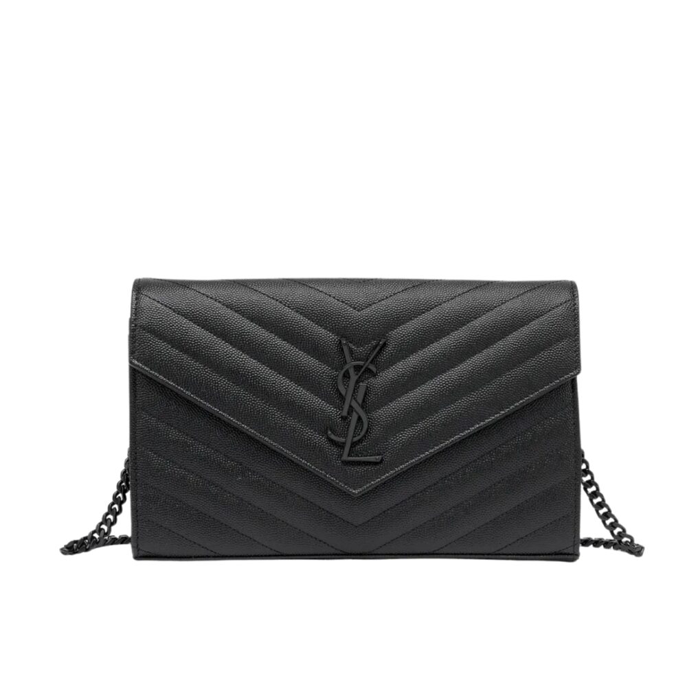 Saint Laurent Cassandre Matelassé Chain Wallet In Grain De Poudre Embossed Black Noir 22Cm 377828BOW081000