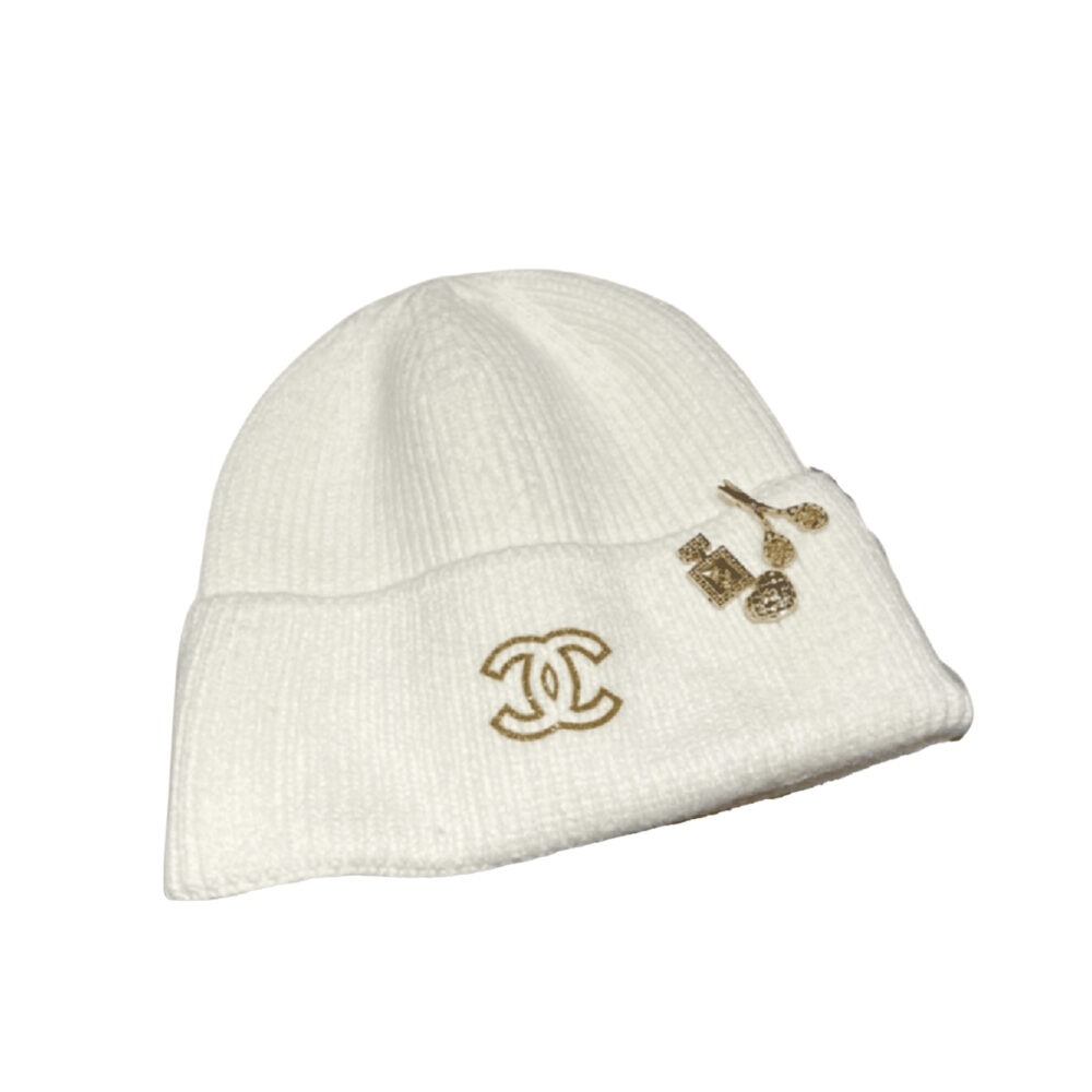 Chanel Gold CC Wool Beanie White
