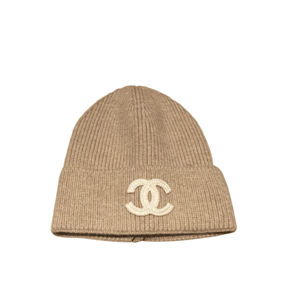 Chanel White CC Wool Beanie Beige