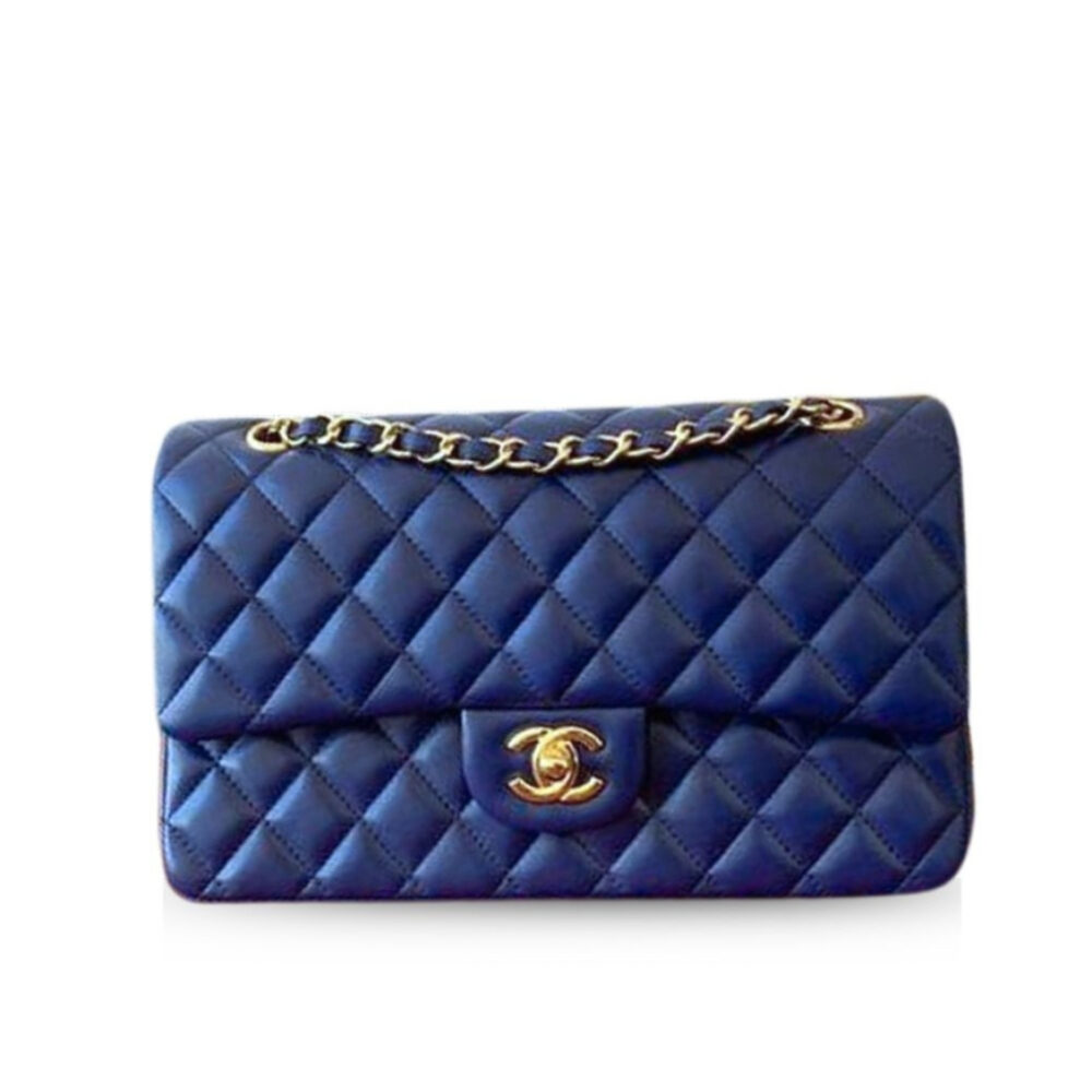 Chanel Classic Handbag Blue With Gold Hardware 26cm  A01112