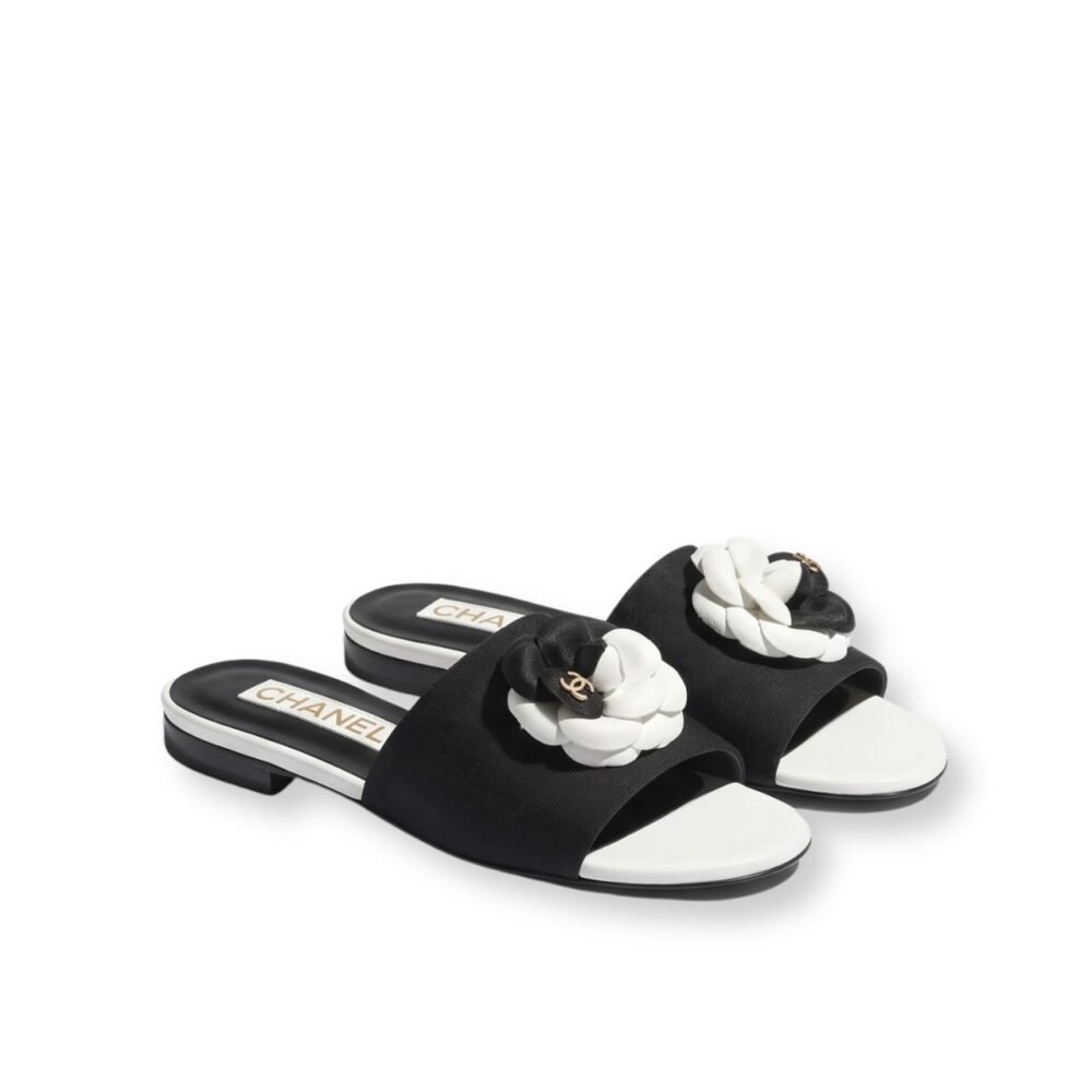 Chanel Camellia Slides Black White