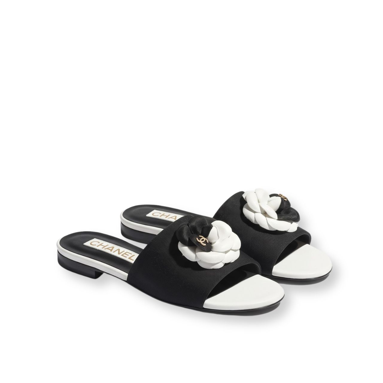 Chanel Camellia Slides Black White