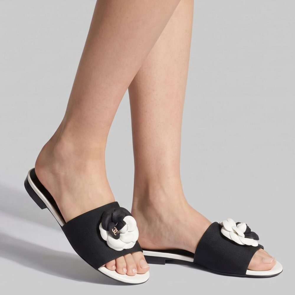 Alternative view of Chanel Camellia Slides Black White