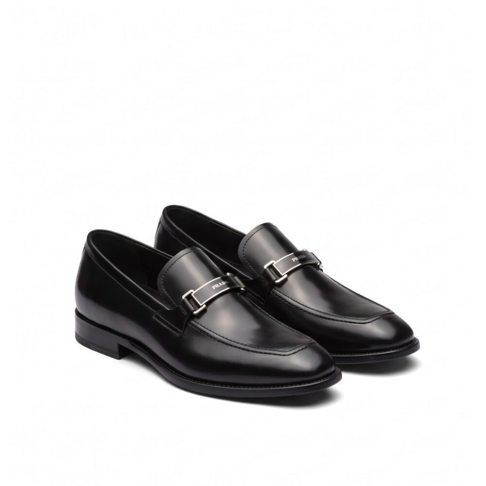 Prada Brushed Leather Logo Buckle Loafers Black Men’s Shoes 25mm