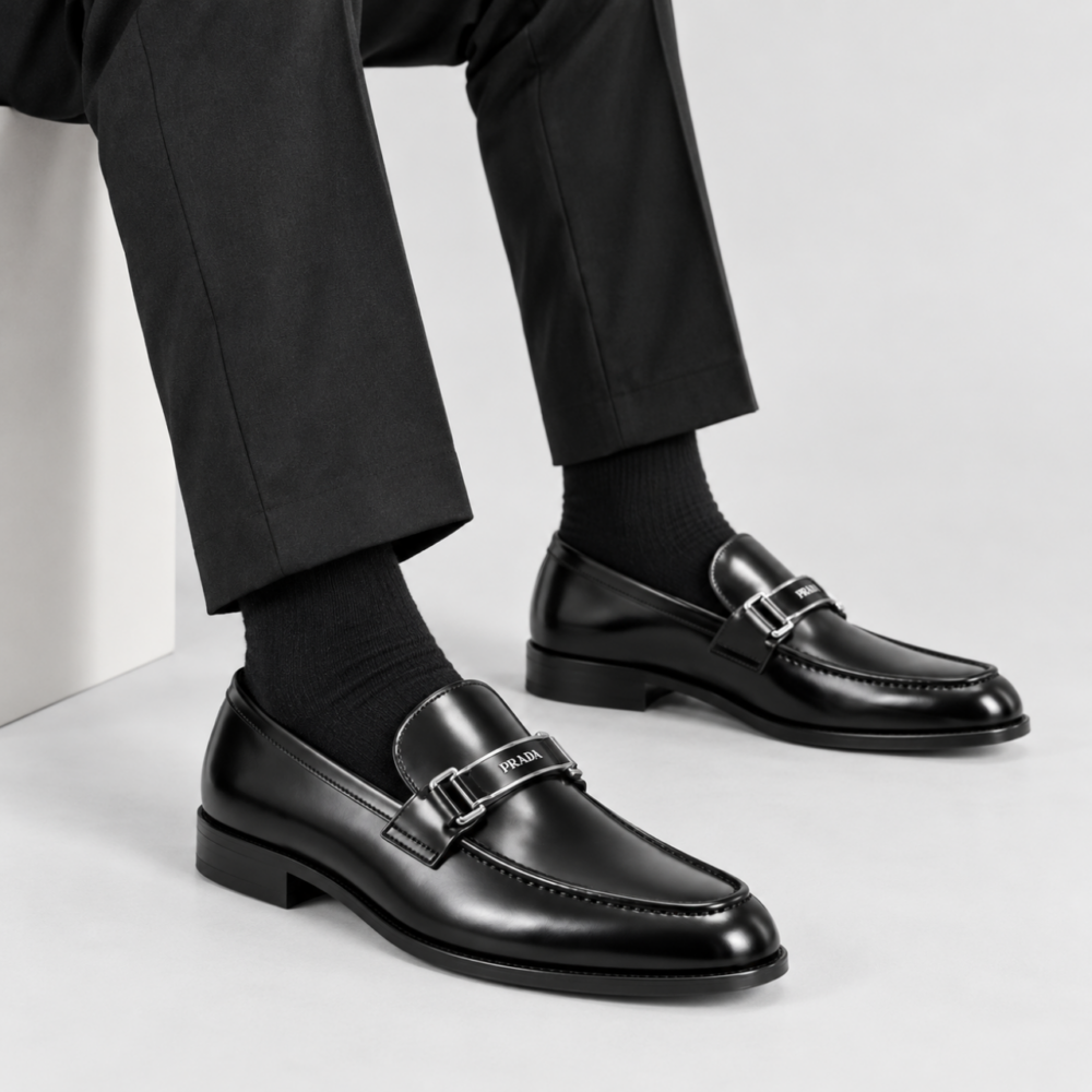 Alternative view of Prada Brushed Leather Logo Buckle Loafers Black Men’s Shoes 25mm