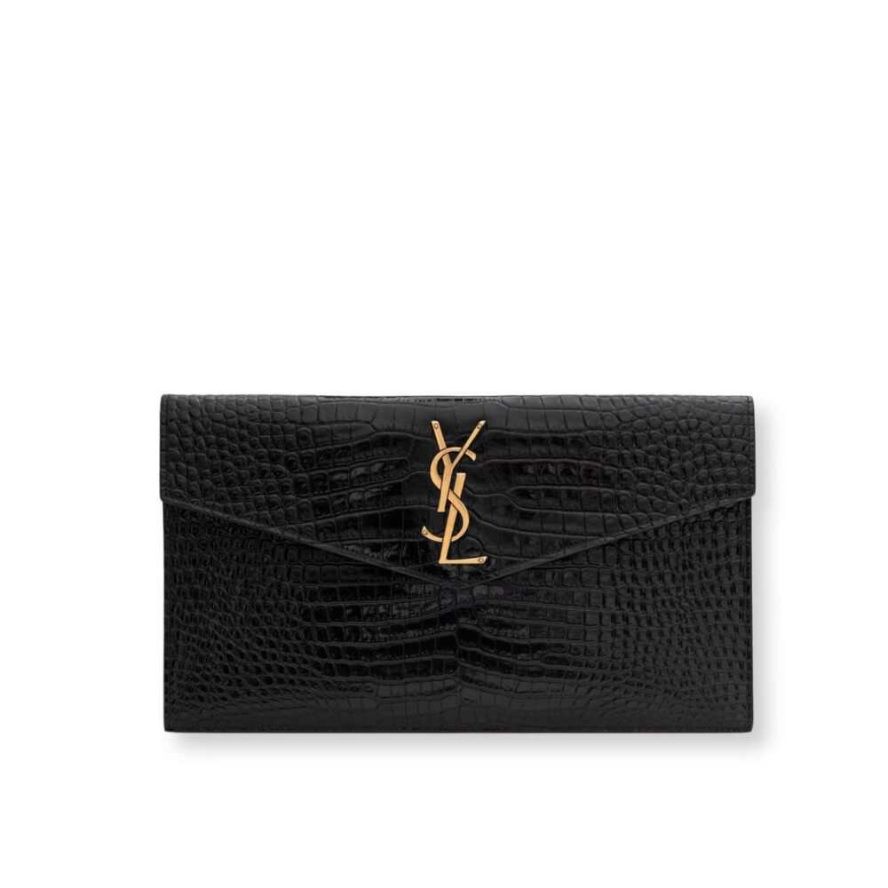 Saint Laurent Uptown Pouch In Crocodile Embossed Shiny Leather Black 27cm 65739DND0J1000
