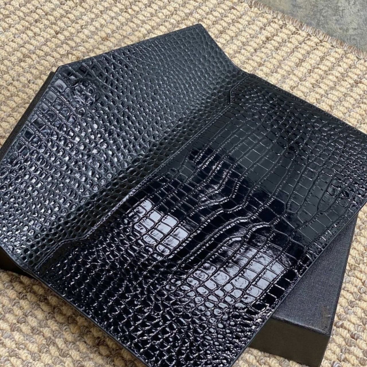 Saint Laurent Uptown Pouch In Crocodile Embossed Shiny Leather Black 27cm 65739DND0J1000 - Image 5