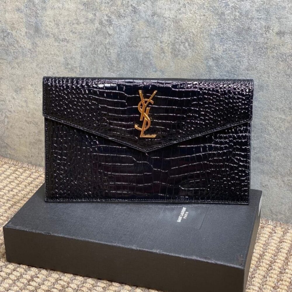 Alternative view of Saint Laurent Uptown Pouch In Crocodile Embossed Shiny Leather Black 27cm 65739DND0J1000