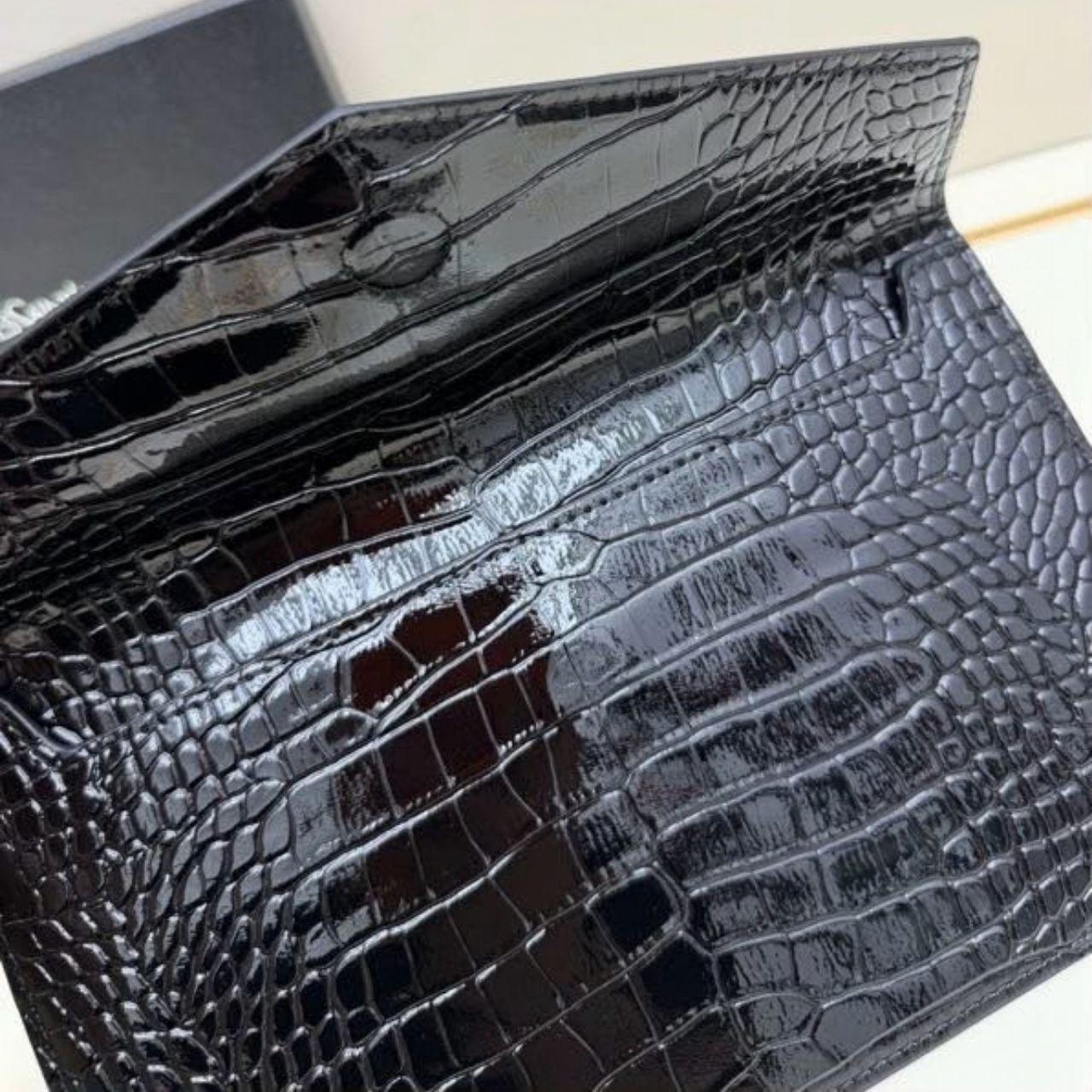 Saint Laurent Uptown Pouch In Crocodile Embossed Shiny Leather Black 27cm 65739DND0J1000 - Image 6