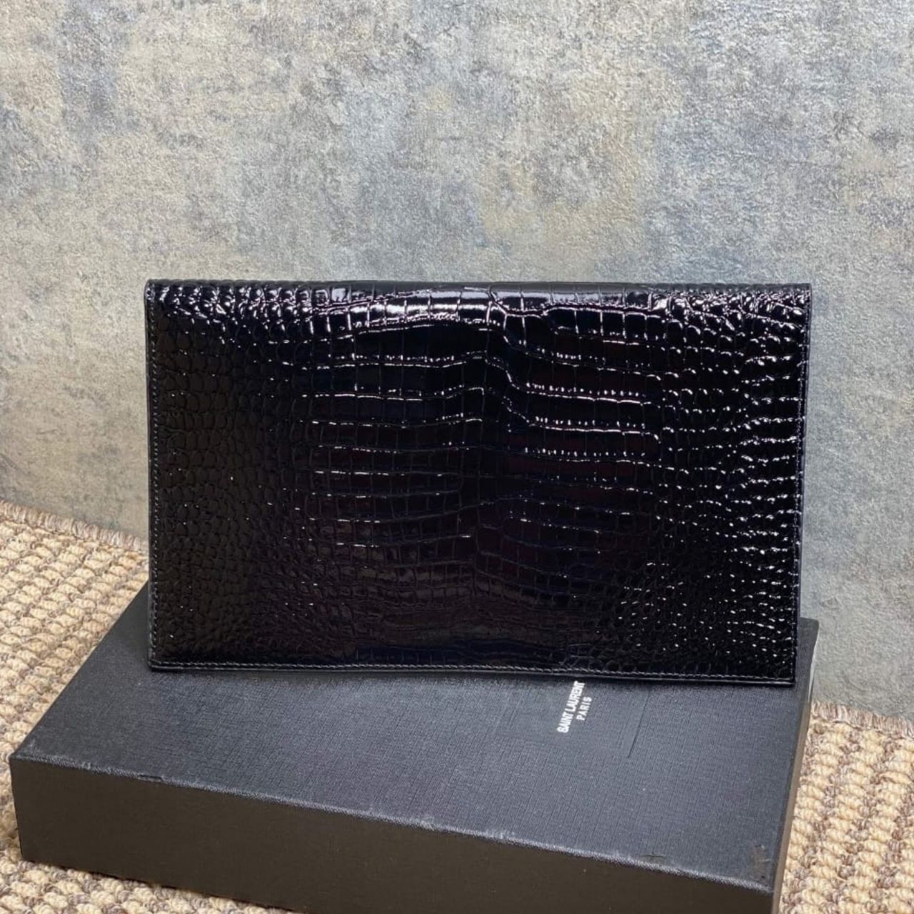 Saint Laurent Uptown Pouch In Crocodile Embossed Shiny Leather Black 27cm 65739DND0J1000 - Image 3