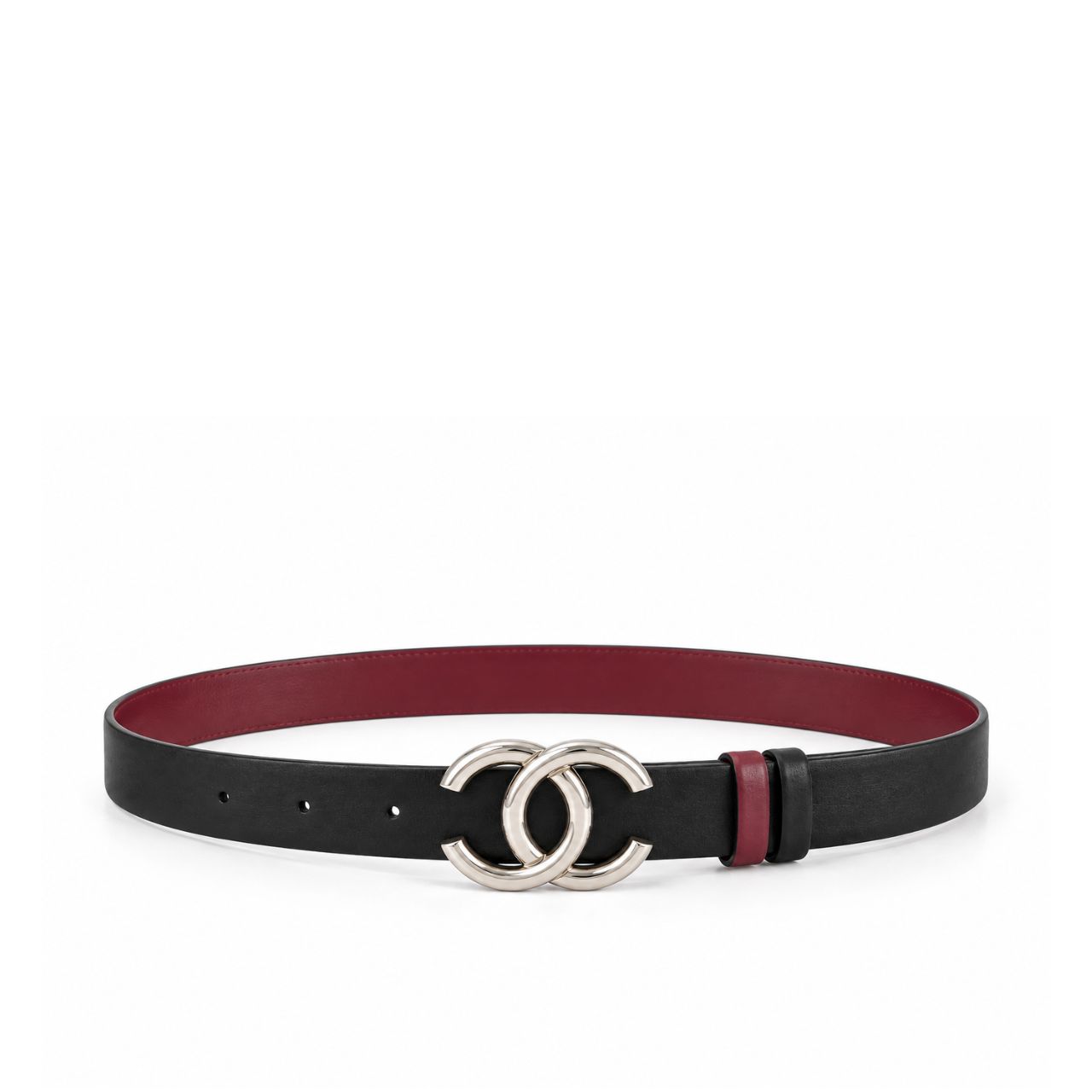 Chanel CC Logo Reversible Leather Belt Black Burgundy Silver Buckle 3Cm