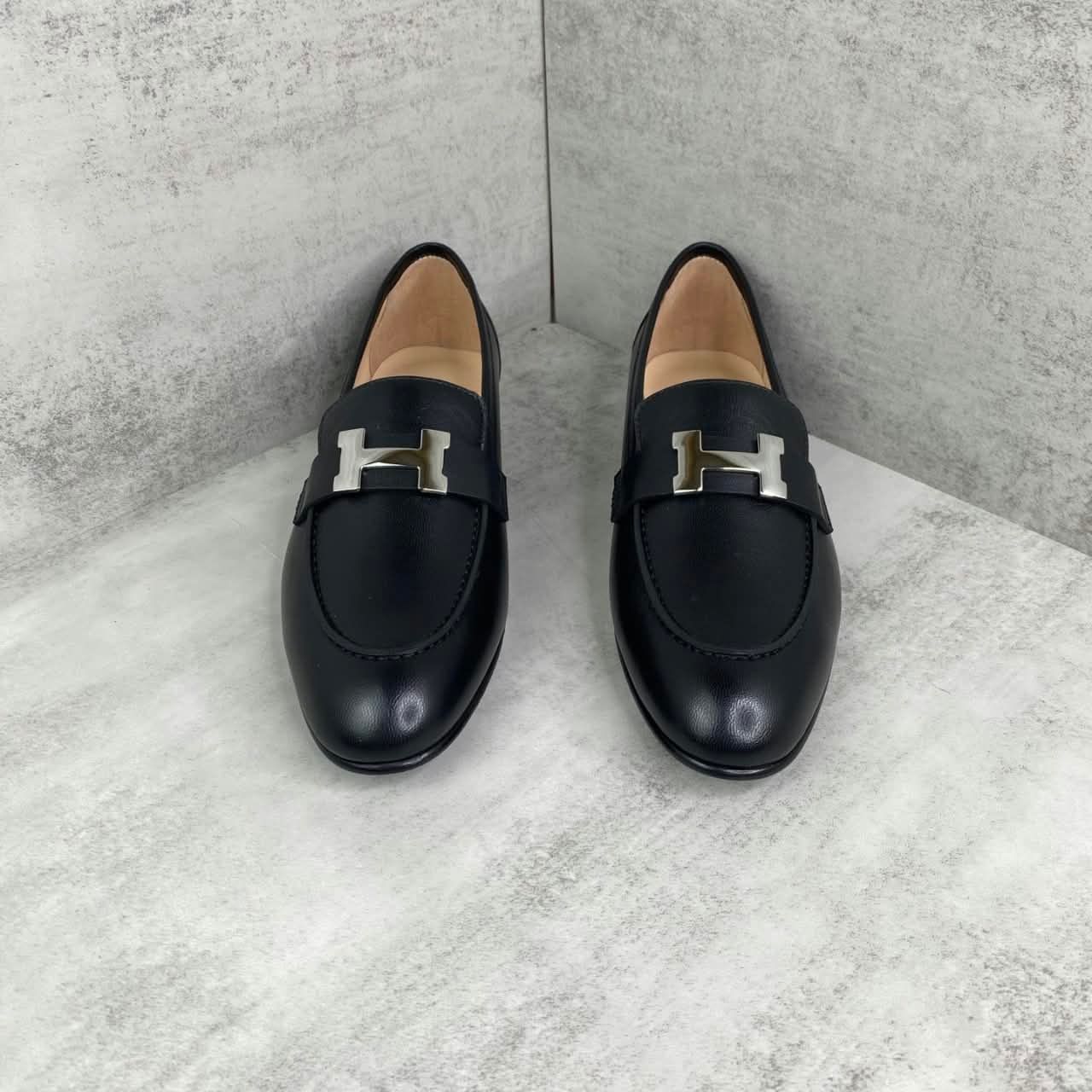 Hermes Paris Loafers H Buckle Black Silver - Image 5