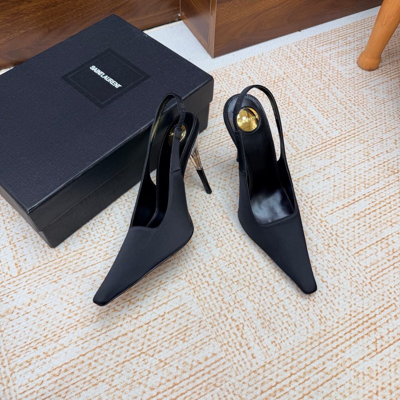 Saint Laurent Goya Slingback Pumps In Satin Crepe Black A0085V9QNAG1000 - Image 3