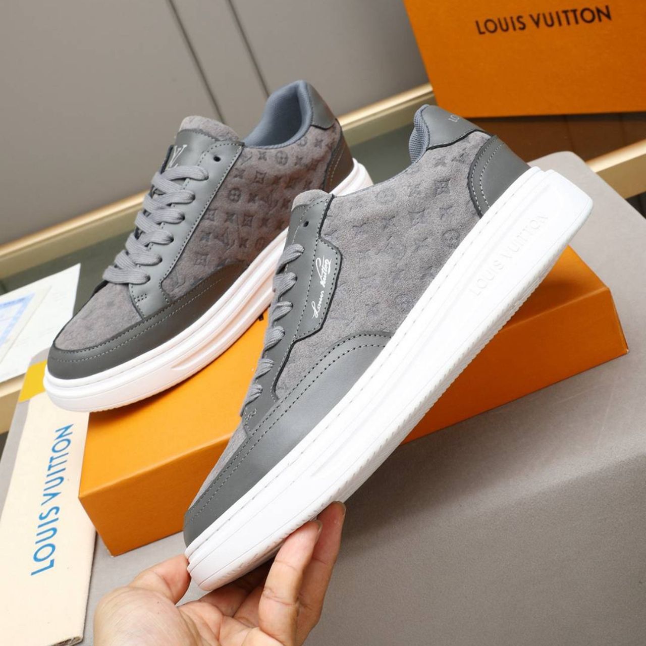 Louis Vuitton Beverly Hills Sneaker Monogram Embossed Gray - Image 10
